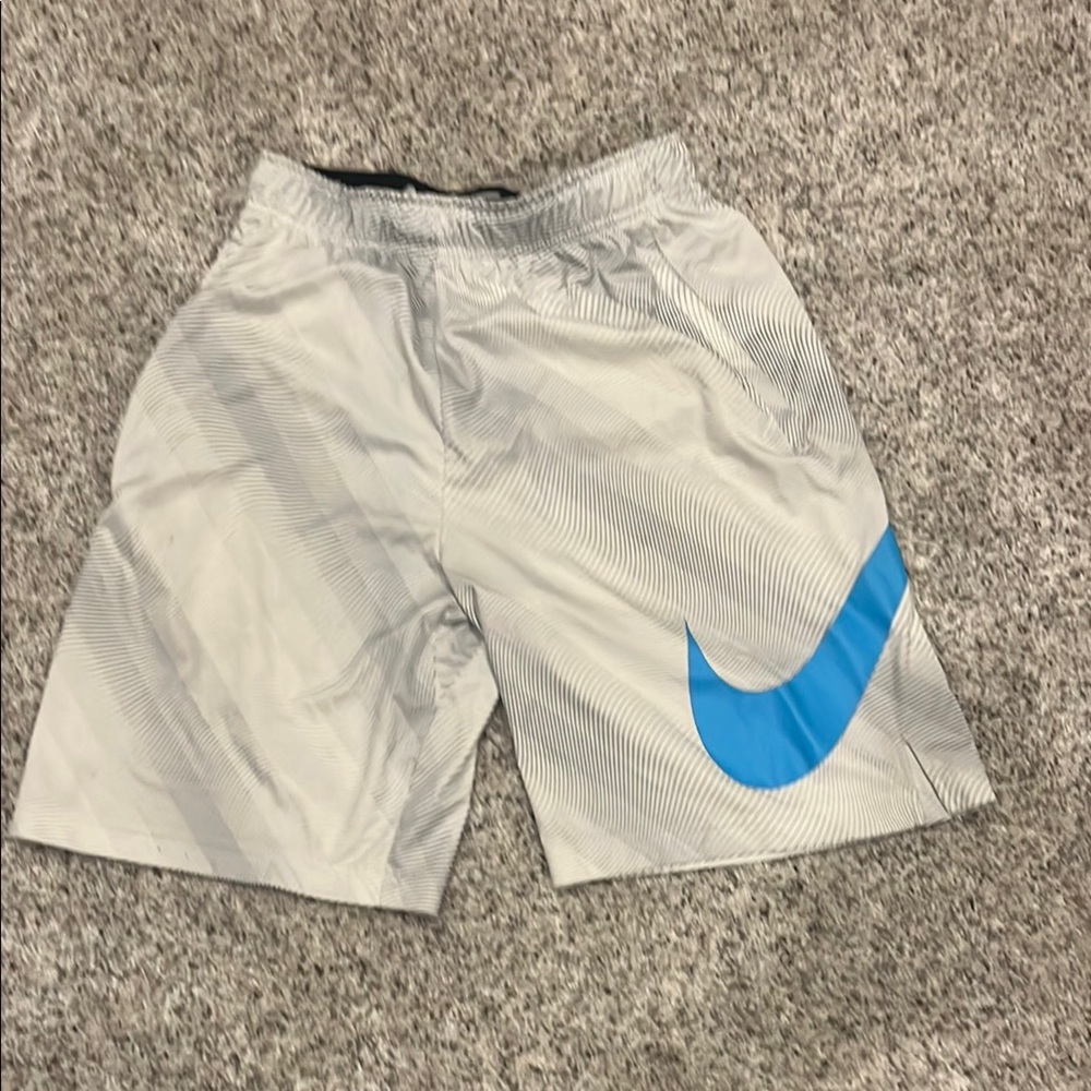 Nike White with gray stripes Shorts with Blue Swoosh - men’s medium